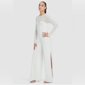 Bebe Embellished Illusion White Jumpsuit Romper Sheer Long Sleeve
